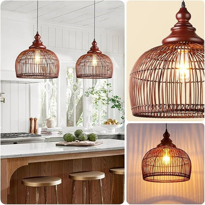 Rattan Pendant Light Kitchen Island, 15.8" Boho Dining Room Light Fixture Hand-Woven Wicker Chandelier Farmhouse Weaving Lighting Coastal Ceiling Hanging Lights for Living Room Restaurant