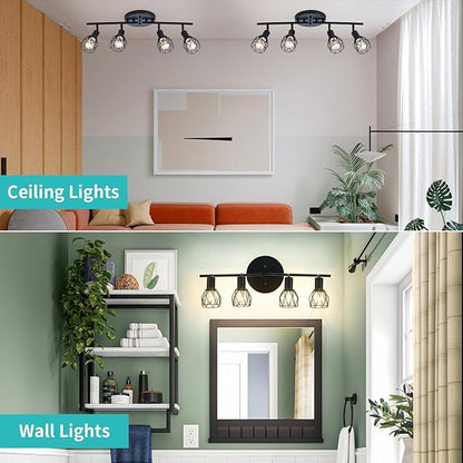 Track Lighting Kit, 4-Light Adjustable Multi-Directional Ceiling Light Fixtures, Vintage Black Metal Wire Cage Farmhouse Light Fixtures Ceiling Mount for Kitchen Dining Table Hallway Bathroom Bedroom