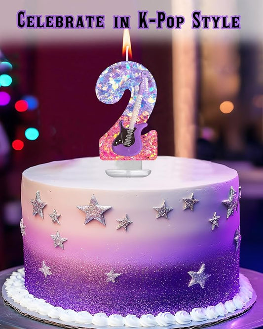 K-Pop Birthday Candle – Purple & Pink Glitter Music Theme Cake Candle with Guitar, Musical Party Decor for Girls, Teens, Kpop Fans (2)
