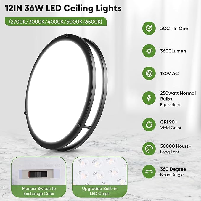 2-Pack 12 Inch Flush Mount Light Fixtures, 36W 3600lm Super Bright LED Ceiling Lights for Kitchen, Dimmable LED Lights 2700K-6500K 5 Color Temperatures, Modern Black Lighting for Bedroom Bathroom