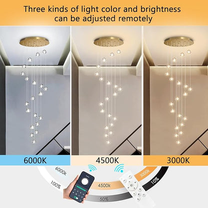 HAIXIANG LED Glam Chandelier 138 inches Long Light Luxury Crystal Ceiling Chandeliers Remote Dimmable High Ceiling Pendants Lighting Fixtures Gold 20 Lights
