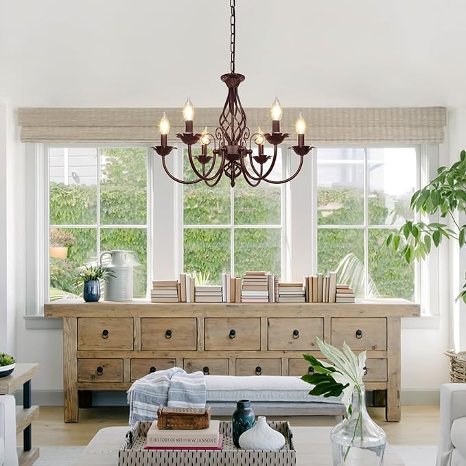 6-Light Farmhouse Candle Chandelier for Living Room, Rustic Industrial Pendant Ceiling Light fixture, Vintage Hanging Lamp for Bedroom Hallway Kitchen Dining Room Foyer, E12 Socket, Oil Rubbed Brown
