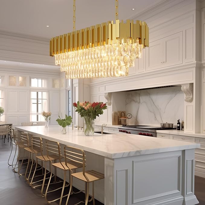 40'' L Modern Crystal Chandeliers for Dining Room 10 Lights Gold Chandelier Large Luxury Rectangular Crystal Chandelier Pendant Light Fixture, Kitchen Island,Entryway,Living Room
