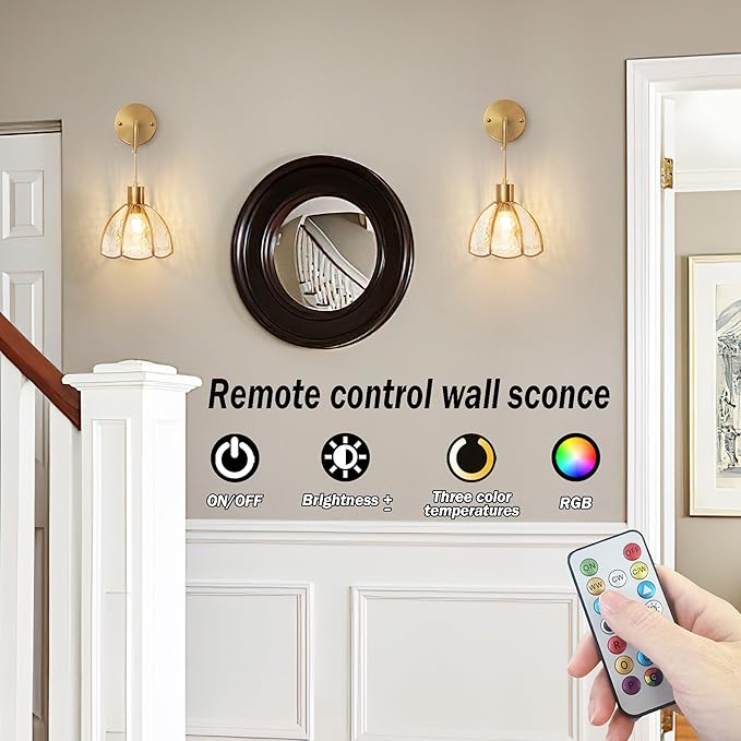 Battery Operated Wall Sconces Set Of Two, Indoor Not Hardwired Battery Wall Light With Remote Control, RGB Color Changing Dimmable Battery Powered Wall Lamp For Bedroom, Easy To Install, Bulb Included
