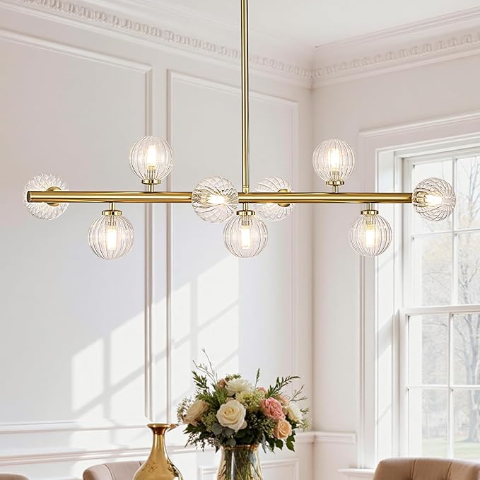 Mid Century Modern Glass Globe Sputnik Chandelier, 9-Light Linear Chandeliers for Dining Room, Kitchen Island, Living, Dining Light Fixture Over Table, Brass Gold and Clear Bubble, 40 Inch
