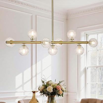 Mid Century Modern Glass Globe Sputnik Chandelier, 9-Light Linear Chandeliers for Dining Room, Kitchen Island, Living, Dining Light Fixture Over Table, Brass Gold and Clear Bubble, 40 Inch
