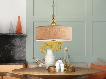Shrine Lighting Drum Chandeliers, Farmhouse Style, Perfect Drum Pendant Light for Dining Room, D20'' x H7'', Adjustable Chains 59'', E26*3 Sockets, Beige Linen Fabric Lampshade & Gold Rod