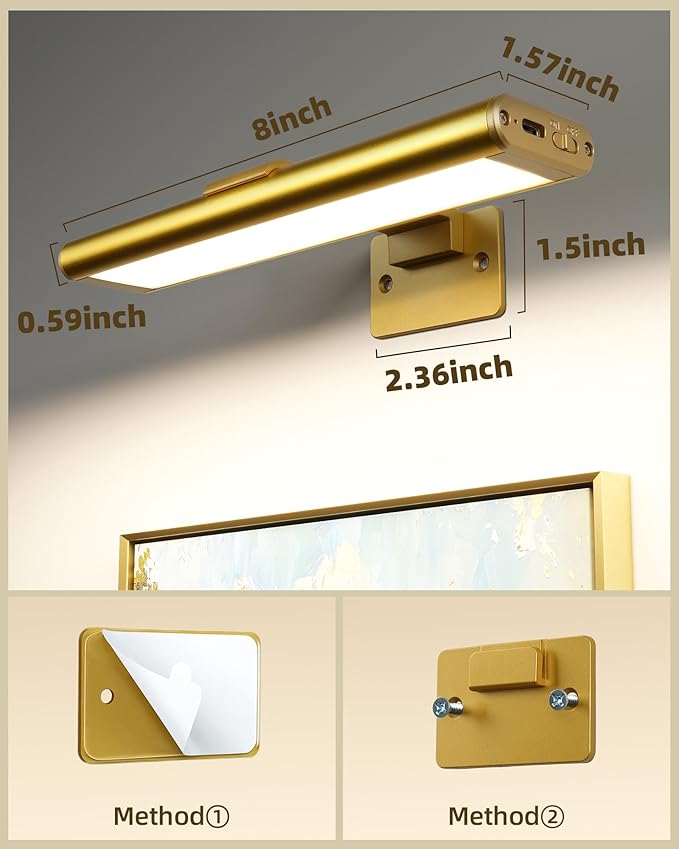 EZVALO Picture Light for Wall, Rechargeable 2400mAh Battery Lights Wireless with IR Remote, 3 Color & Dimmable Magnetic 7.87'' LED Lights Display for Painting, Living Room, Gallery, Bedroom(Gold-2P)