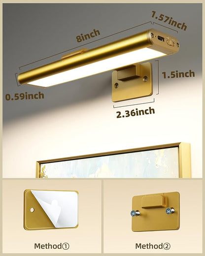 EZVALO Picture Light for Wall, Rechargeable 2400mAh Battery Lights Wireless with IR Remote, 3 Color & Dimmable Magnetic 7.87'' LED Lights Display for Painting, Living Room, Gallery, Bedroom(Gold-2P)