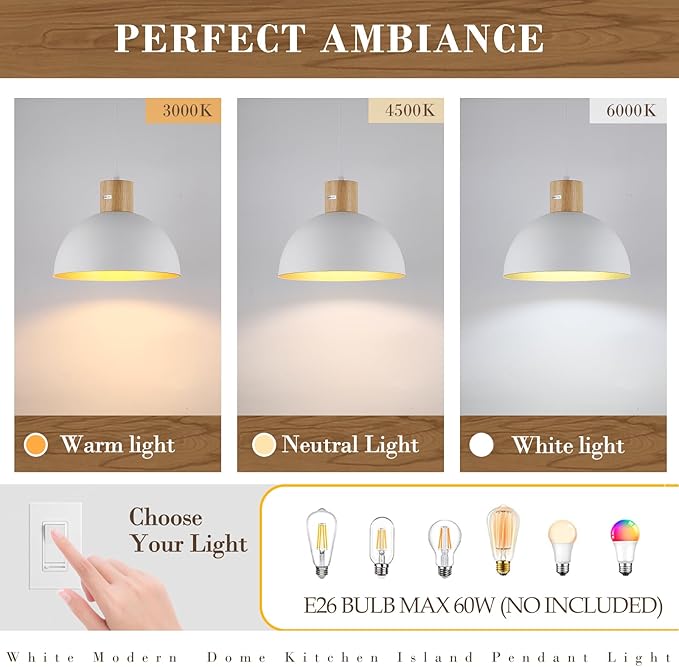 White Pendant Light, 11.8" Wood Dome Pendant Lights Fixtures Adjustable Modern Hanging Lighting, for Kitchen Island Dining Room Farmhouse Sink Bar Restaurant