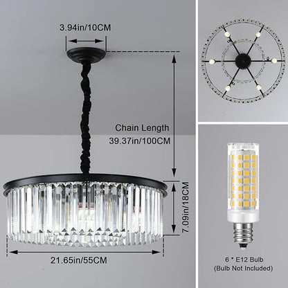 Black Modern Crystal Chandelier, 2-Tier Round Flush Mount Ceiling Light Fixtures Height Adjustable Pendant Lighting for Dining Room Living Room Bedroom Kitchen Hotel Foyer