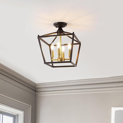 JONATHAN Y 12" Oil Rubbed Bronze/Brass Gold Modern Farmhouse Pagoda 4-Light LED Semi Flush Mount Lantern, Metal Ceiling Light Fixture for Kitchen, Hallway, Entryway, Bedroom, Hardwired (JYL7610G)