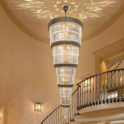 Extra Large Staircase Chandeliers 9-Tier Black and Gold Chandelier Luxury Long Crystal Chandelier Lighting for High Ceiling Foyer Entryway Grand Hotel Lobby 31-Light H84 x W40