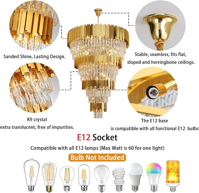 11-Tier K9 Crystal Chandelier, 32" Modern Gold Adjustable Height Pendant Light, Luxury Round Chandeliers for High Ceiling, Foyer, Staircase, Entryway, Two-Story Living Room
