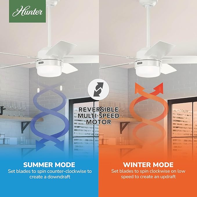Hunter 44 inch Indoor Ceiling Fan with LED Light - White Ceiling Fan with Pull Chain, for Bedroom or Living Room, Standard Mount, No Remote, 5 Blades, Includes Bulbs - Anisten 52488, Fresh White