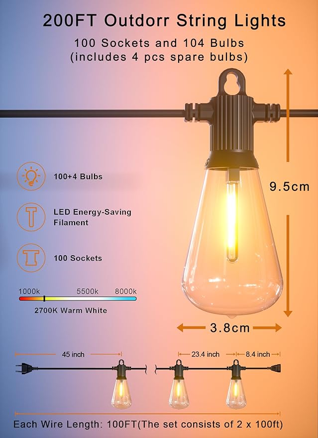 Zuske Outdoor String Lights, 200FT Patio Lights with 100 Shatterproof ST38 Globe Bulbs(4 Spare), Waterproof Connectable Dimmable LED Hanging String Lights for Outside Backyard Porch Balcony(100FT x 2)