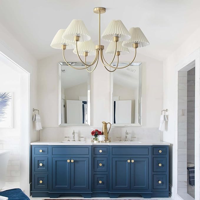 KCO Lighting Vintage Wrinkled Chandelier White Pleated Fabric Pendant Light Modern Gold Sputnik Chandelier 6-Lights Flush Mount Ceiling Light Classic Chandeliers for Dining Room