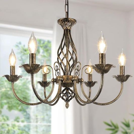 6-Light Farmhouse Candle Chandelier for Living Room, Rustic Industrial Pendant Ceiling Light fixture, Vintage Ceiling Hanging Lamp for Bedroom Hallway Kitchen Dining Room Foyer, Brown E12 Socket