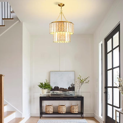 Capiz Shell Chandelier H66.2'' x D20.5'', Natural Ceiling Light Fixtures Coastal Chandeliers for Living Room Bedroom Office(More Additional Shell Parts Included) Gold
