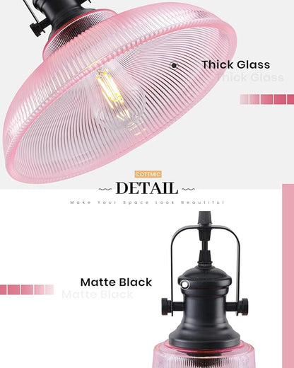 Pink Glass Pendant Lights Kitchen Island, 12in, Ribbed Glass Kitchen Pendant Lights Fixture, Farmhouse Pendant Lighting for Dining Room Bedroom Bar Sink, 1 Pack