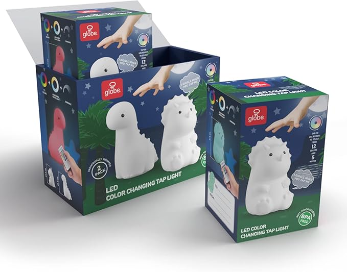 GLOBE Electric 13360 6" Triceratops and 9" Brontosaurus Giggling Dinosaur Duo Multicolor Changing Integrated LED Rechargeable Silicone Night Light, White, Table Lamps for Living Room, Bedroom, Den
