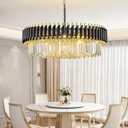 Black and Gold Crystal Chandelier Contemporary Large Crystals Chandeliers 30" with 6-Tier Sparkling K9 Crystals, Chandeliers for Dining Room Living Room Bedroom Foyer