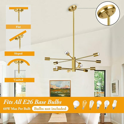 BesLowe 31'' 12-Light Modern Sputnik Chandelier, Mid Century Gold Chandeliers Lighting, Farmhouse Ceiling Hanging Light Fixture for Dining Room Bedroom Living Room Kitchen Foyer, Height Adjustable