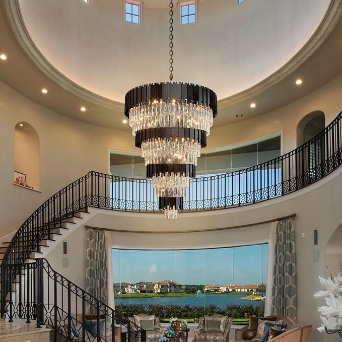 11-Tier K9 Crystal Chandelier, 32" Modern Black Adjustable Height Pendant Light, Luxury Round Chandeliers for High Ceiling, Foyer, Staircase, Entryway, Two-Story Living Room
