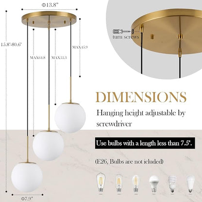 3-Light Cluster Pendant Lights, Mid Century Modern Globe Cluster Chandelier with Milk Glass, Brass Gold Pendant Lighting for Kitchen Island, Staircase, Dining Room, Living Room