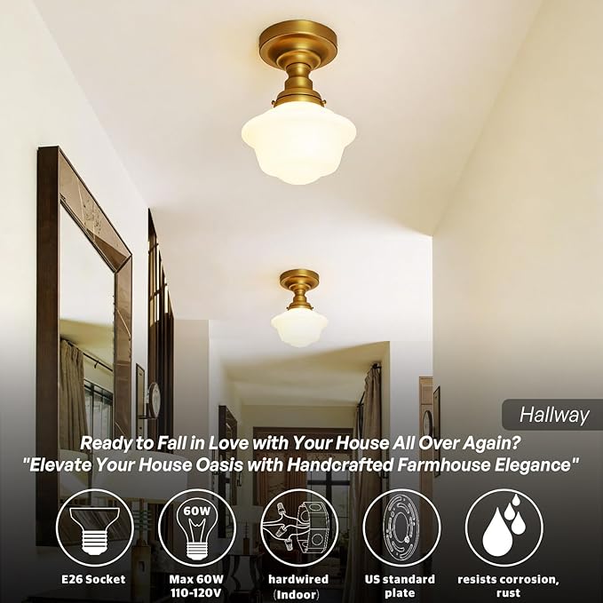 Modern Schoolhouse Semi Flush Mount Ceiling Light,Brass Gold Close to Ceiling Light Fixtures with Milky White Glass Hallway Ceiling Lamp for Laundry Kitchen Entryway Bathroom E26