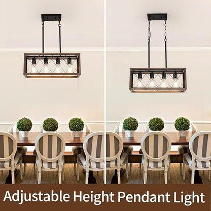 KEESFU 4-Light Dining Room Light Fixture, Farmhouse Kitchen Island Lighting,Adjustable Height Pendant Light, Rustic Linear Chandelier for Kitchen, Dining Room Table, Pool Table. (Wood Grain Color)