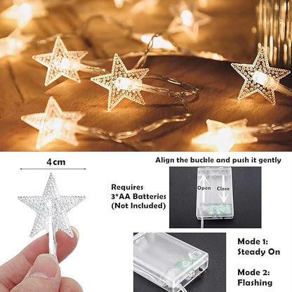 Star String Lights Battery Operated, 20 FT 40 LED Twinkle Lights Warm White Cute Hanging Star Fairy Light for Bedroom Room Office Home Window Camper Indoor Outdoor Xmas Tree Christmas Decorations