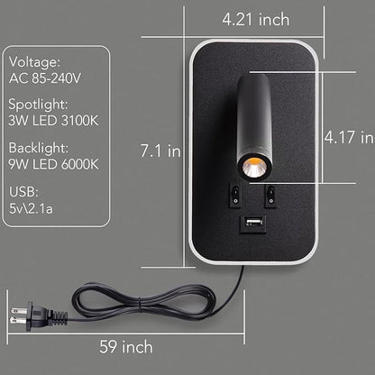 Wall Mounted LED Reading Light for Bed Headboard, Bedside Wall Sconces USB Charging, Night Light for Bedroom, Ambient Lighting Wall Mounted Sconce for Bedroom, Plug-in or Hardwired, Black