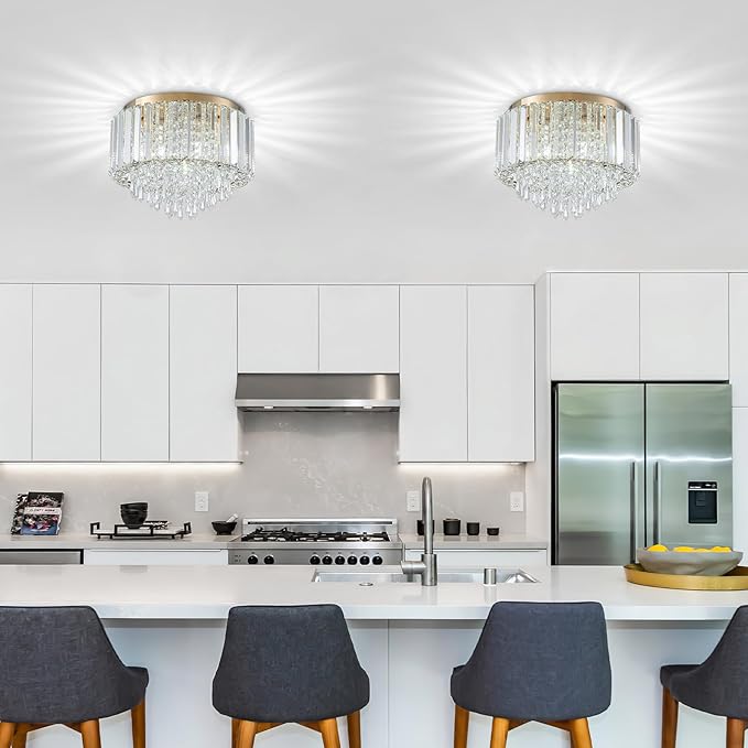 HOPGGIE 11.8 Inch Crystal Chandelier Modern Chandelier Light Mini Chandelier Semi Flush Mount Ceiling Light Fixture Small Chandelier for Bedroom Hallway Kitchen Foyer Closet (Gold)