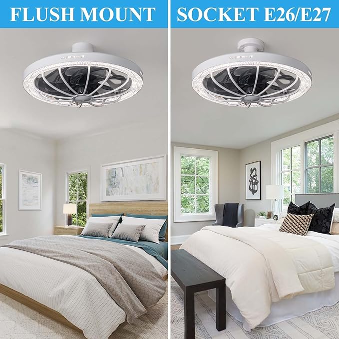 Socket Fan Light with Remote, 13 inch Socket Ceiling Fan with Dimmable Led Light, 3 Colors 3000K-6500K, 3 Speeds, Flush Mount Ceiling Fans with Lights for Bedroom, Kitchen, Living Room-White