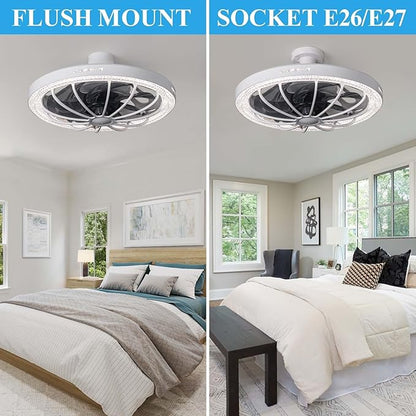 Socket Fan Light with Remote, 13 inch Socket Ceiling Fan with Dimmable Led Light, 3 Colors 3000K-6500K, 3 Speeds, Flush Mount Ceiling Fans with Lights for Bedroom, Kitchen, Living Room-White