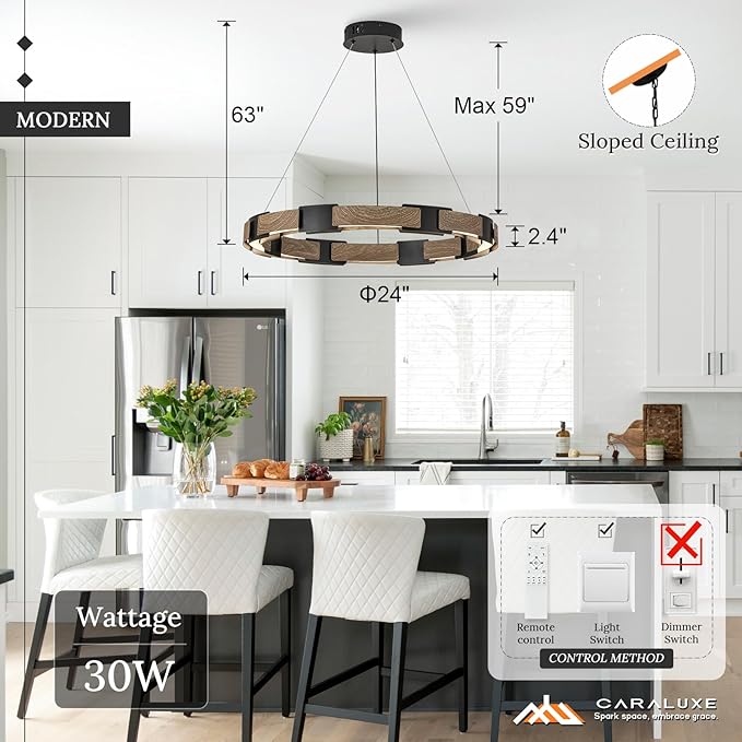 LED Ring Chandelier Dimmable Black & Wood Chandelier for Dining Room 24in Circular Chandeliers Light Modern Round LED Chandeliers Light Fixture for Entry Bedroom Kitchen Home Office Living Room
