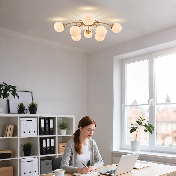Longree 8-Light Blossom Milk Glass Flush Mount Ceiling Lights Gold and White Sputnik Chandelier, Opal Glass Bubble Starburst Light Fixture for Dining Bedroom Living Entry