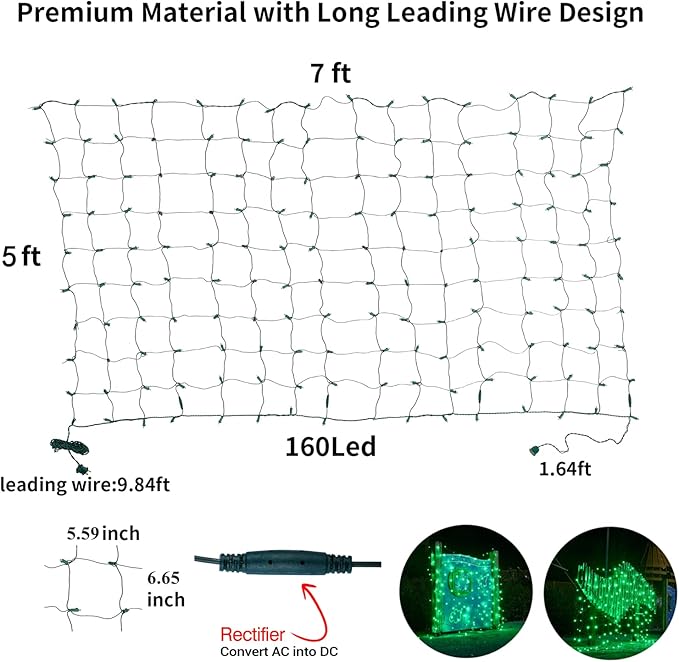 Dirnun Led Christmas Net Lights Green Outdoor Christmas Lights 160LED 5ftx7ft, Waterproof Outdoor Indoor Fairy Mesh Net Light for Xmas Party, Yard, Patio, Trees, Shrubs, Bushes Decorations