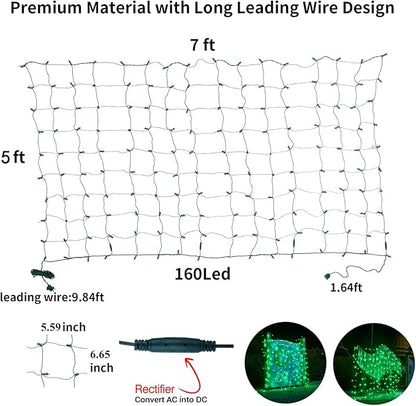 Dirnun Led Christmas Net Lights Green Outdoor Christmas Lights 160LED 5ftx7ft, Waterproof Outdoor Indoor Fairy Mesh Net Light for Xmas Party, Yard, Patio, Trees, Shrubs, Bushes Decorations
