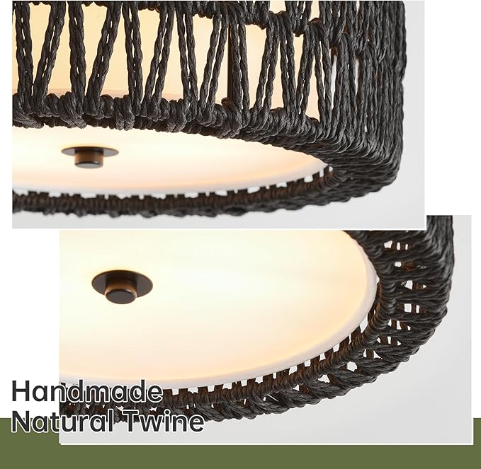 Boho Black Ceiling Light Fixtures 2-Light Rattan Flush Mount Ceiling Light, 12.6" Modern Light Fixture Close to Ceiling Light for Bedroom Nursery Foyer Hallway Entryway Kids Room