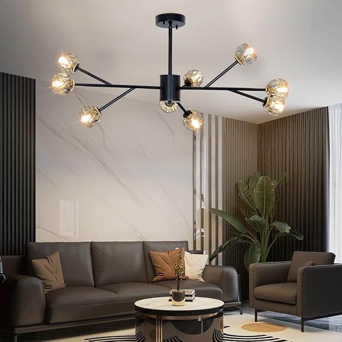 Depuley Modern Black Sputnik Chandelier: 9-Light Crystal Glass Chandelier for Dining Room - Kitchen Table Light Fixture Mid Century Hanging Lamp Height Adjustable for Foyer (Included G9 Bulbs)