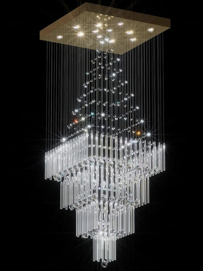 Flashing God D32''X H100'' Extra Large Chandeliers for High Ceilings Square Crystal Raindrop Gold Chandeliers Large Villa Chandelier Entrance Foyer Ceiling Light LED Dimmable 2700K-6000K