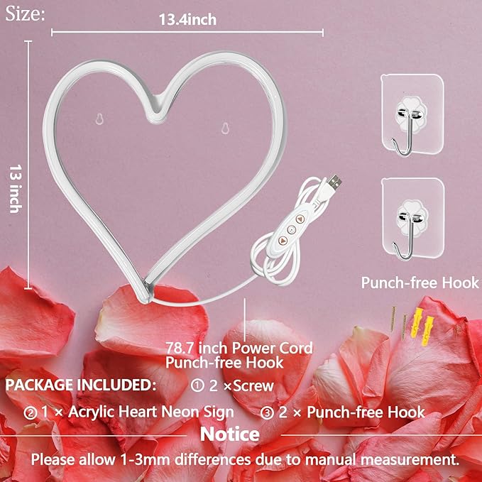 Pink Heart Neon Sign, Neon Heart Light for Wall Decor, Love Hearts LED Light up Sign 13.4×13 Inch Dimmable USB Powered Romantic Light Sign for Bedroom Valentine's Kids Room Wedding Party Decoration