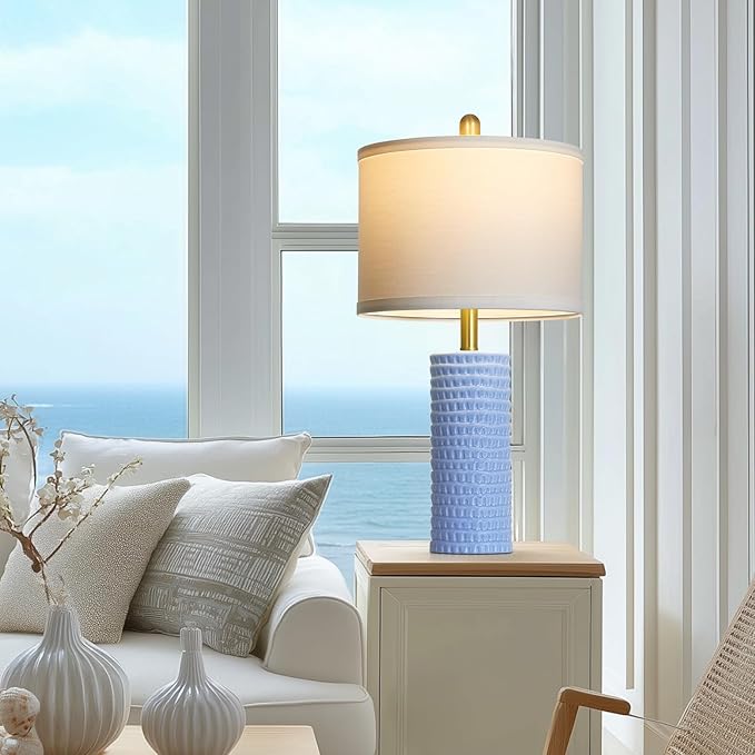 Cinyirong 24.5" Table Lamp Set of 2, Modern Ceramic Bedside Lamps for Night Stands, Classic Small Lamp Nightstand Lamp for Bedroom Living Room Desk End Table Rotary Switch Blue