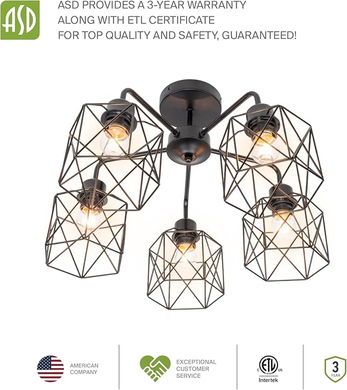 ASD Black Chandelier Semi Flush Mount Ceiling Light Fixture- 5xE26 120V ETL Modern Light Fixtures Ceiling Mount, Semi Flush Mount Chandelier for Entryway, Bedroom, Foyer Lighting Fixtures