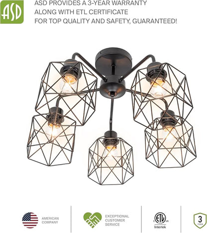 ASD Black Chandelier Semi Flush Mount Ceiling Light Fixture- 5xE26 120V ETL Modern Light Fixtures Ceiling Mount, Semi Flush Mount Chandelier for Entryway, Bedroom, Foyer Lighting Fixtures