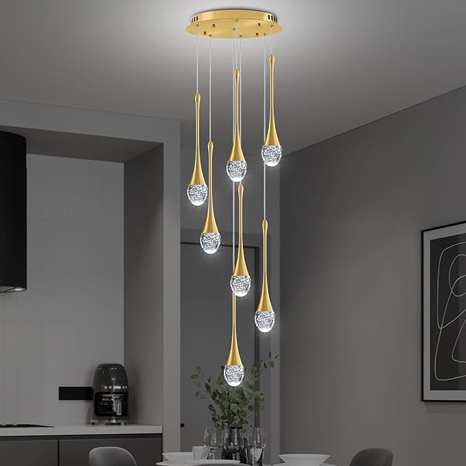 Modern Crystal Chandelier 7-Lights Gold, H60'' High Ceiling Spiral Dimmable LED Bubble Crystal Raindrop Light Fixture for Foyer Entryway Dining Room Remote Control
