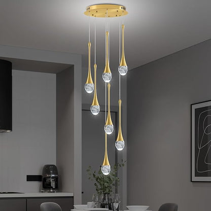 Modern Crystal Chandelier 7-Lights Gold, H60'' High Ceiling Spiral Dimmable LED Bubble Crystal Raindrop Light Fixture for Foyer Entryway Dining Room Remote Control