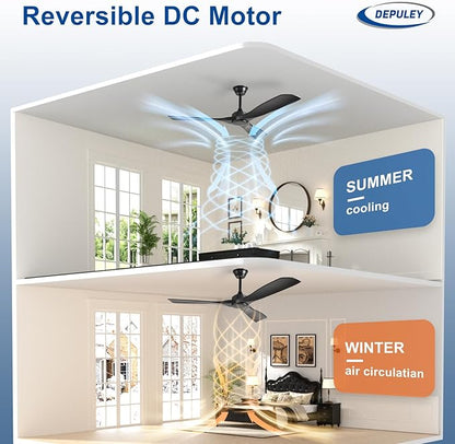 Depuley Ceiling Fan Without Light: 52 Inch 3 Blade Outdoor Fans for Patios - Black Ceiling Fan No Light Indoor Remote Control Ultra Quiet DC Motor Reversible 6 Speed Timer